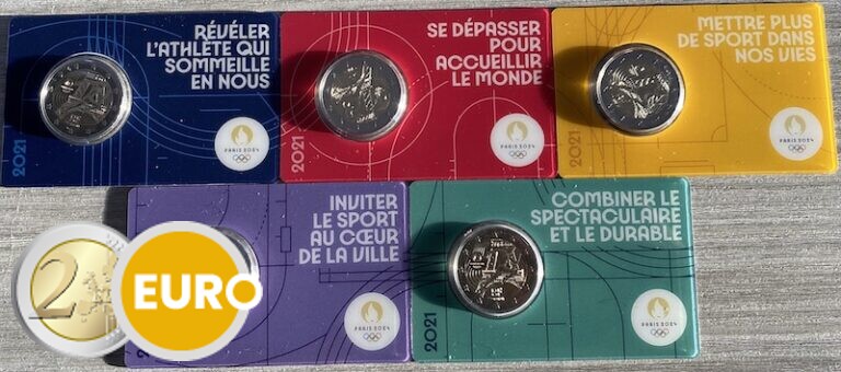 5 x Frankrijk 2021 - 2 euro commemorative overhandiging olympische vlag BU FDC Coincard